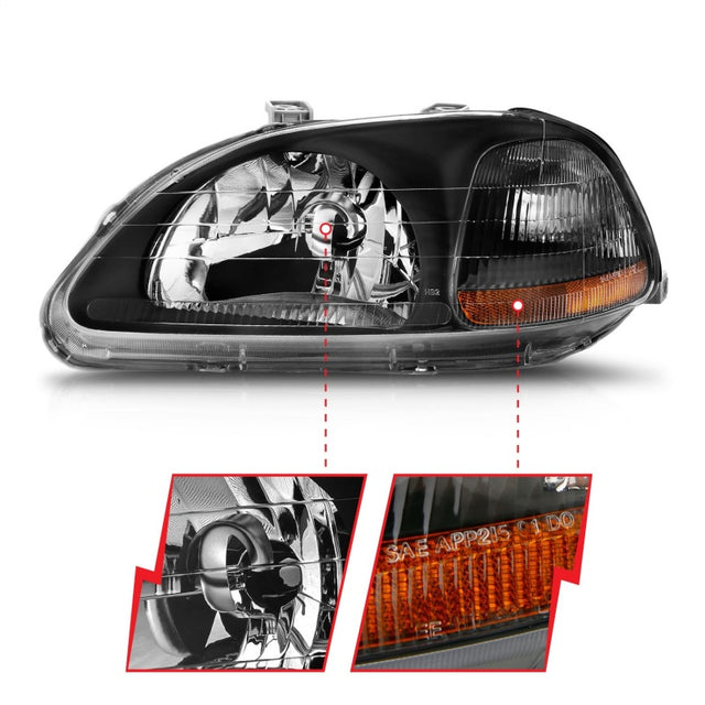 ANZO 1996-1998 Honda Civic Crystal Headlights Black - RPL Performance
