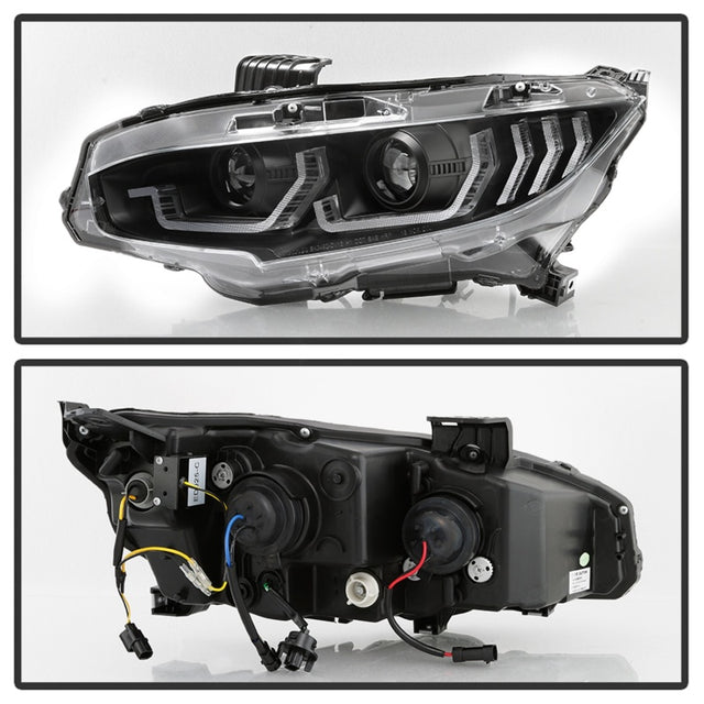 Spyder 16-18 Honda Civic 4Dr w/LED Seq Turn Sig Lights Proj Headlight - Black - PRO-YD-HC16-SEQ-BK - RPL Performance
