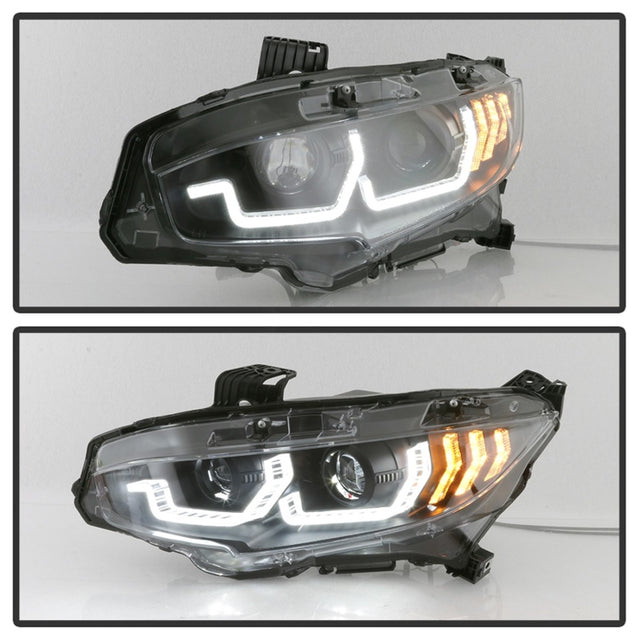Spyder 16-18 Honda Civic 4Dr w/LED Seq Turn Sig Lights Proj Headlight - Black - PRO-YD-HC16-SEQ-BK - RPL Performance