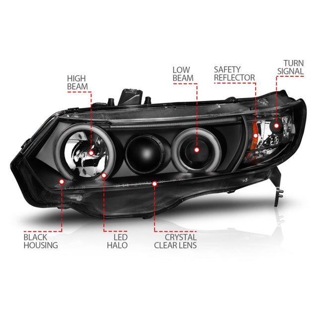 ANZO 2006-2011 Honda Civic Projector Headlights w/ Halo Black (CCFL) - RPL Performance