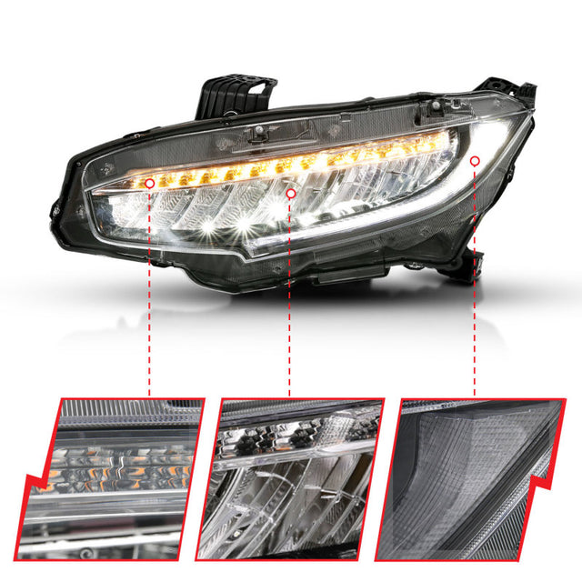 ANZO 16-17 Honda Civic Projector Headlights Plank Style Black w/Amber/Sequential Turn Signal - RPL Performance