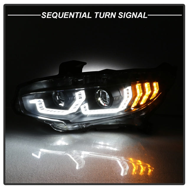 Spyder 16-18 Honda Civic 4Dr w/LED Seq Turn Sig Lights Proj Headlight - Black - PRO-YD-HC16-SEQ-BK - RPL Performance