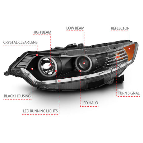 ANZO 2009-2012 Acura Tsx Projector Headlights w/ Halo Black (CCFL) (HID Compatible) - RPL Performance