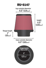 K&N Filter Universal Rubber Filter 5in Flange 6.5in Base 4.5in Top 5.5in Height