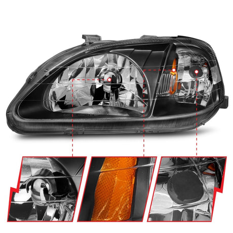 ANZO 1999-2000 Honda Civic Crystal Headlights Black - RPL Performance