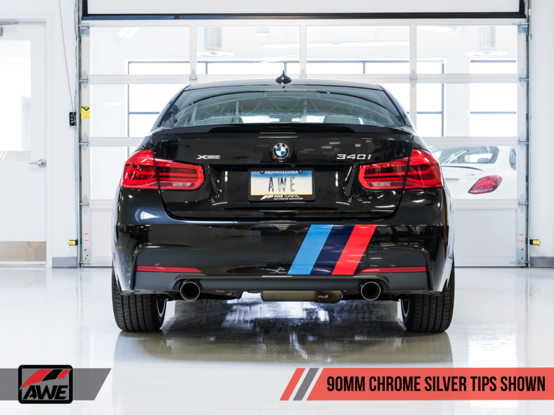 AWE Tuning BMW F3X 340i Touring Edition Axle-Back Exhaust - Chrome Silver Tips (90mm) - RPL Performance