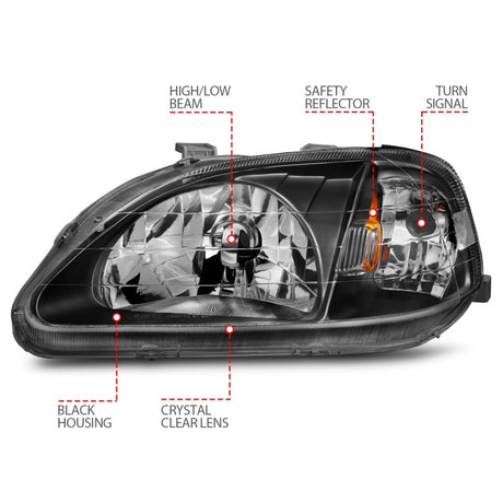 ANZO 1999-2000 Honda Civic Crystal Headlights Black - RPL Performance